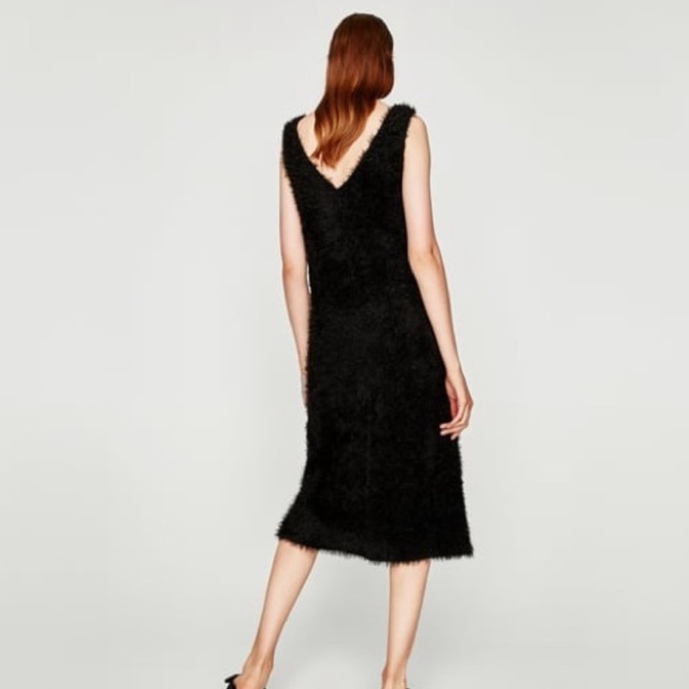 LIKE NEW Fuzzy Zara Black Midi Dress Soft Stretchy Winter Cozy Christmas Warm - Picture 3 of 4